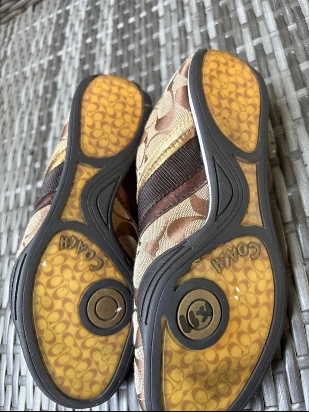 Coach Brown Signature Canvas Sneakers with Gold & Bronze Stripes - Women